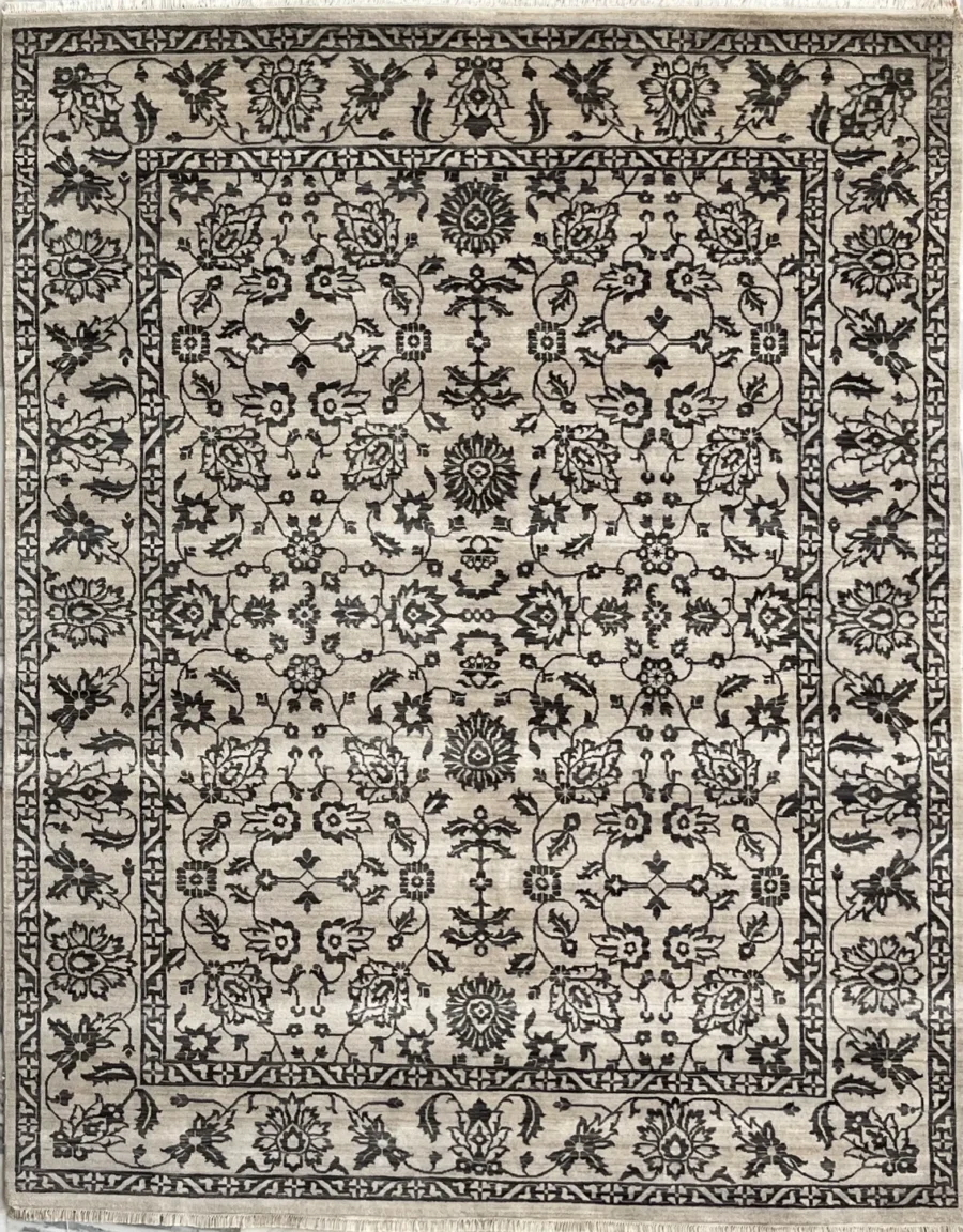 Fern, 100% Wool Pile, Hand Knotted Rug, Ivory/Black