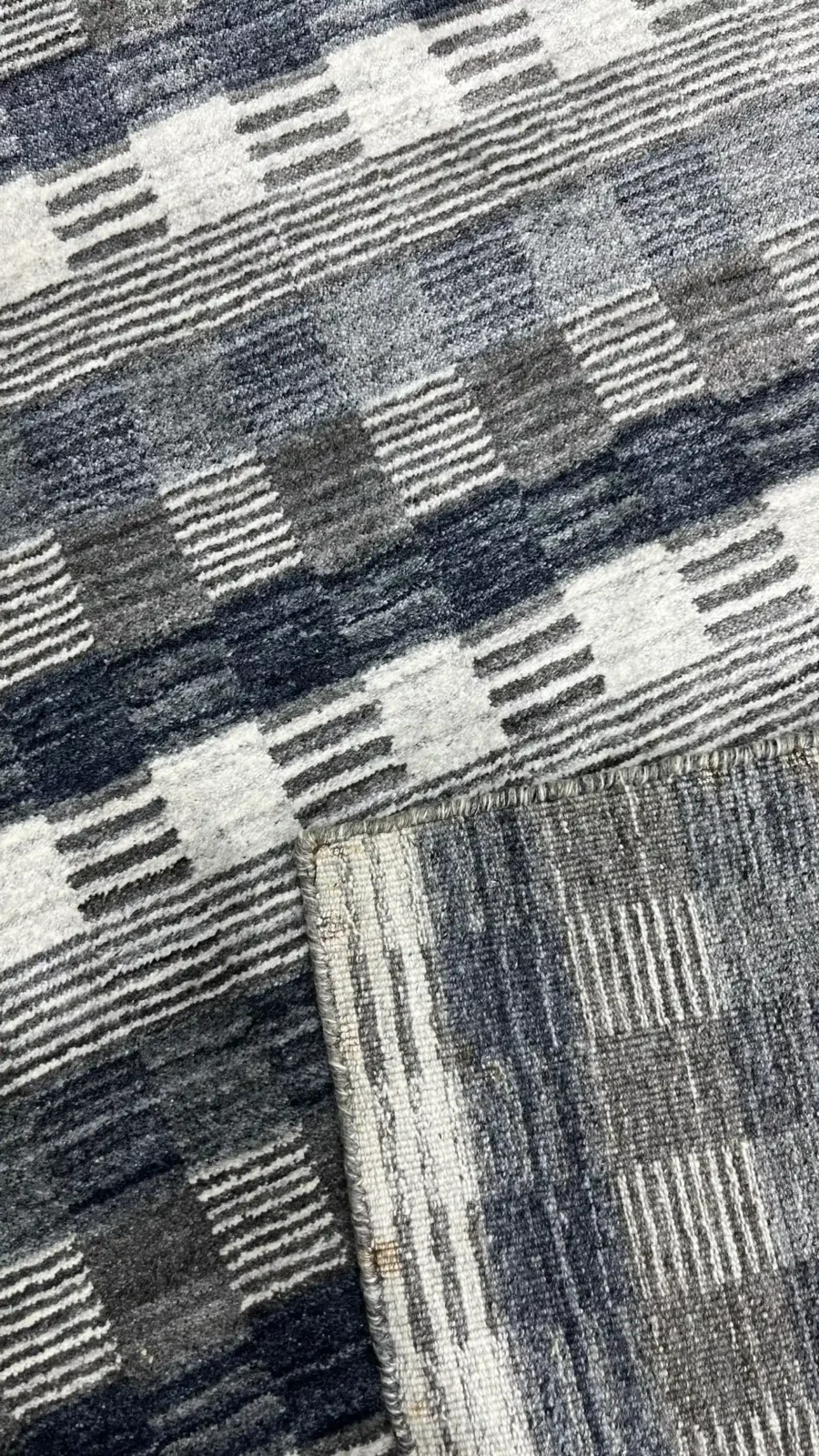 Checkered Rhythm II, 100% Wool Pile, Hand Loom Rug, Dark Grey - Image 3